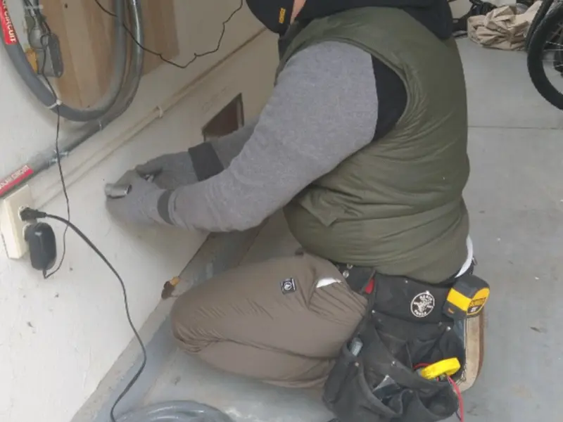 Electrician performing outlet wiring in a Van Wert garage